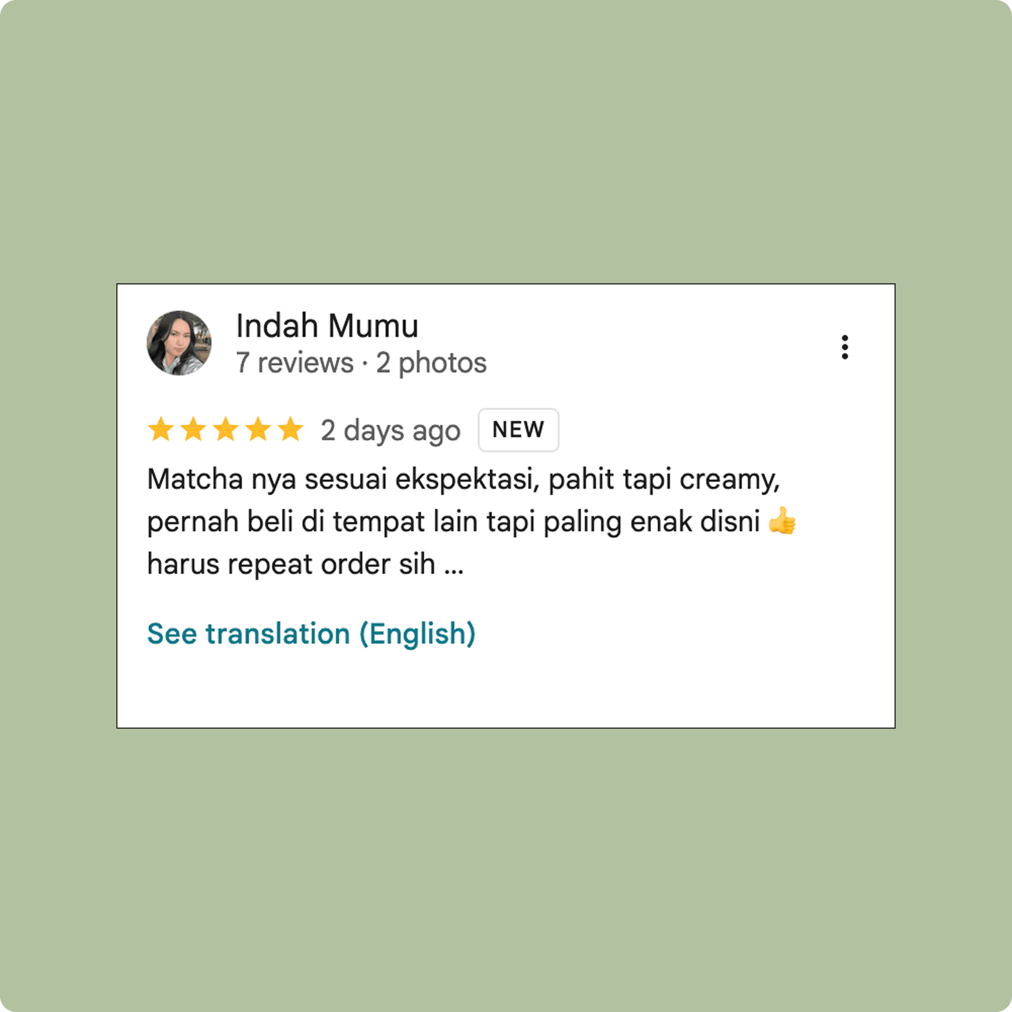 Google Review 1 - Customer feedback about Mamamatcha