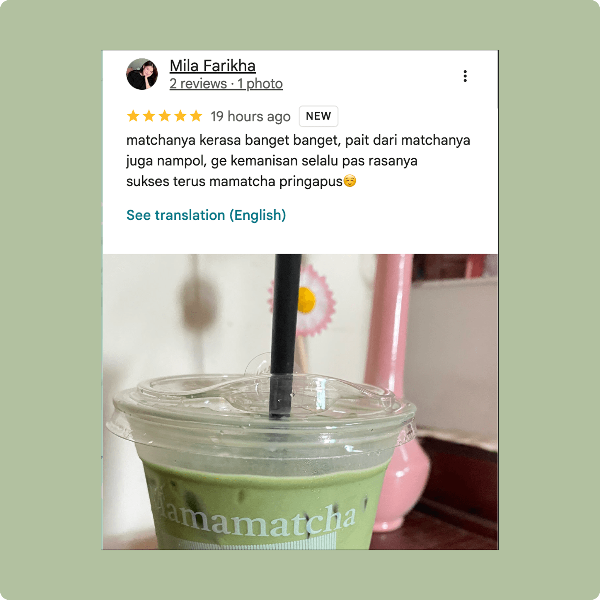 Google Review 2 - Customer feedback about Mamamatcha
