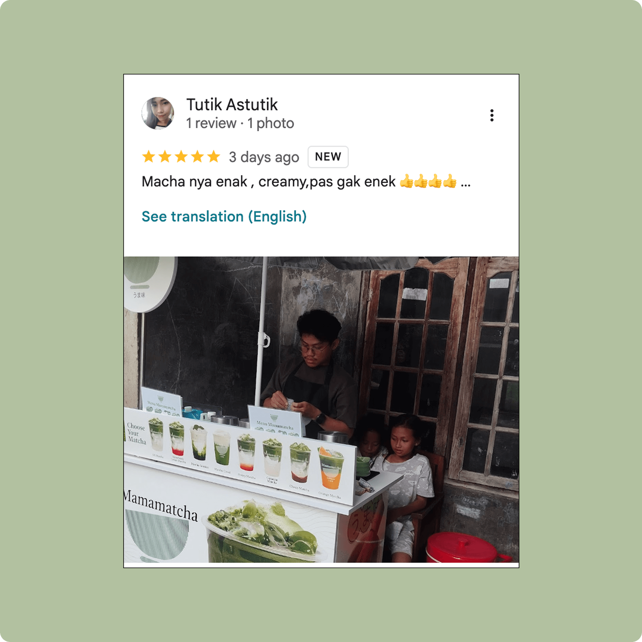Google Review 5 - Customer feedback about Mamamatcha