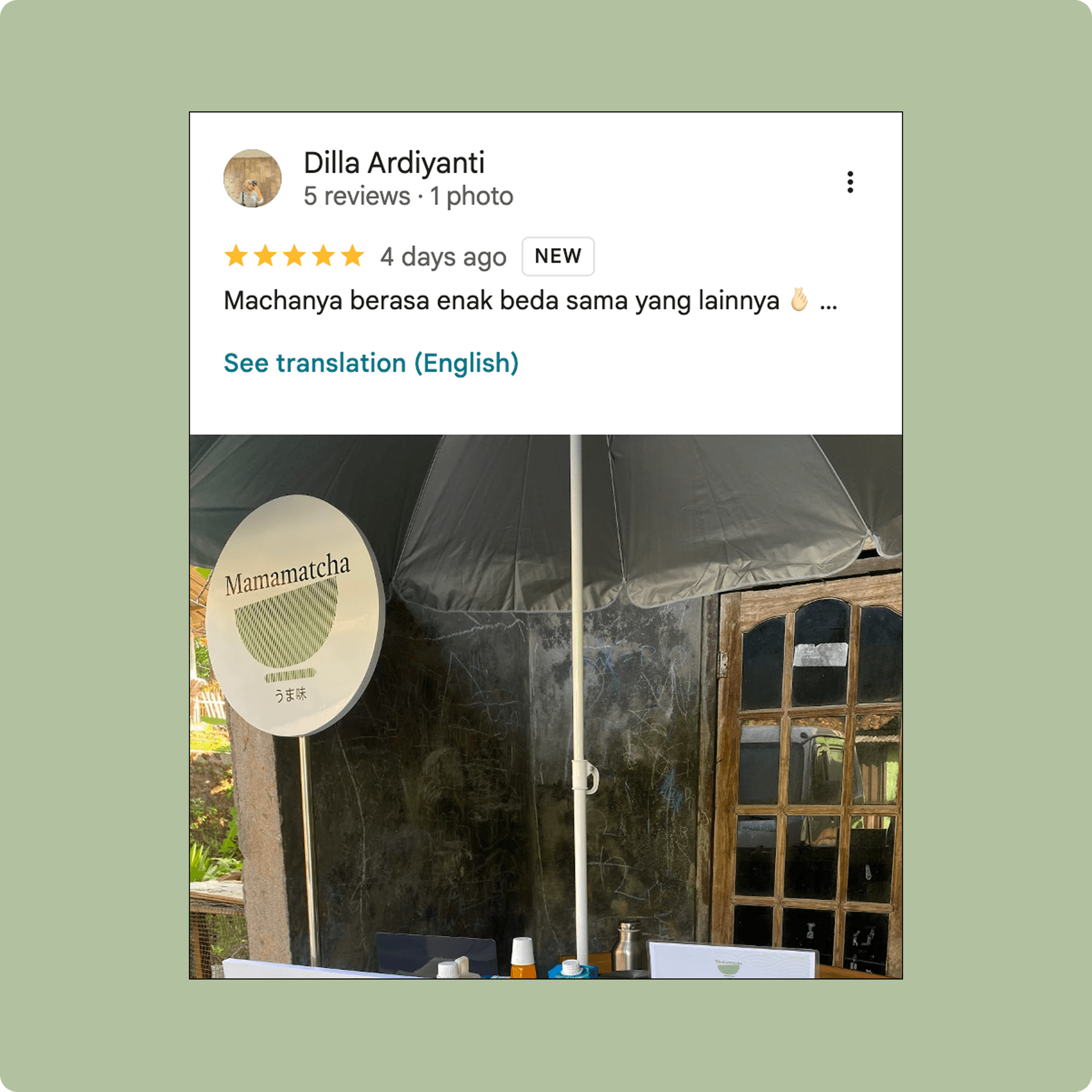 Google Review 5 - Customer feedback about Mamamatcha